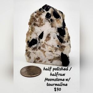 Half polished half raw moonsyome with tourmaline freestanding